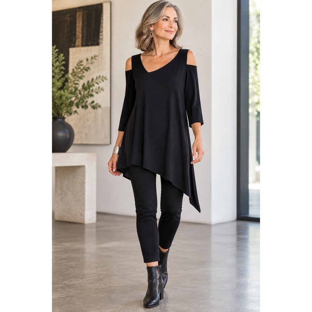 Sympli Black Cold Shoulder Tunic Womens 12 Asymmetrical Lagenlook Made Canada